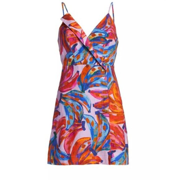 FARM RIO Colored Bananas Wrap Mini Dress Linen Festival Indie Tropical Size XS - Picture 2 of 11